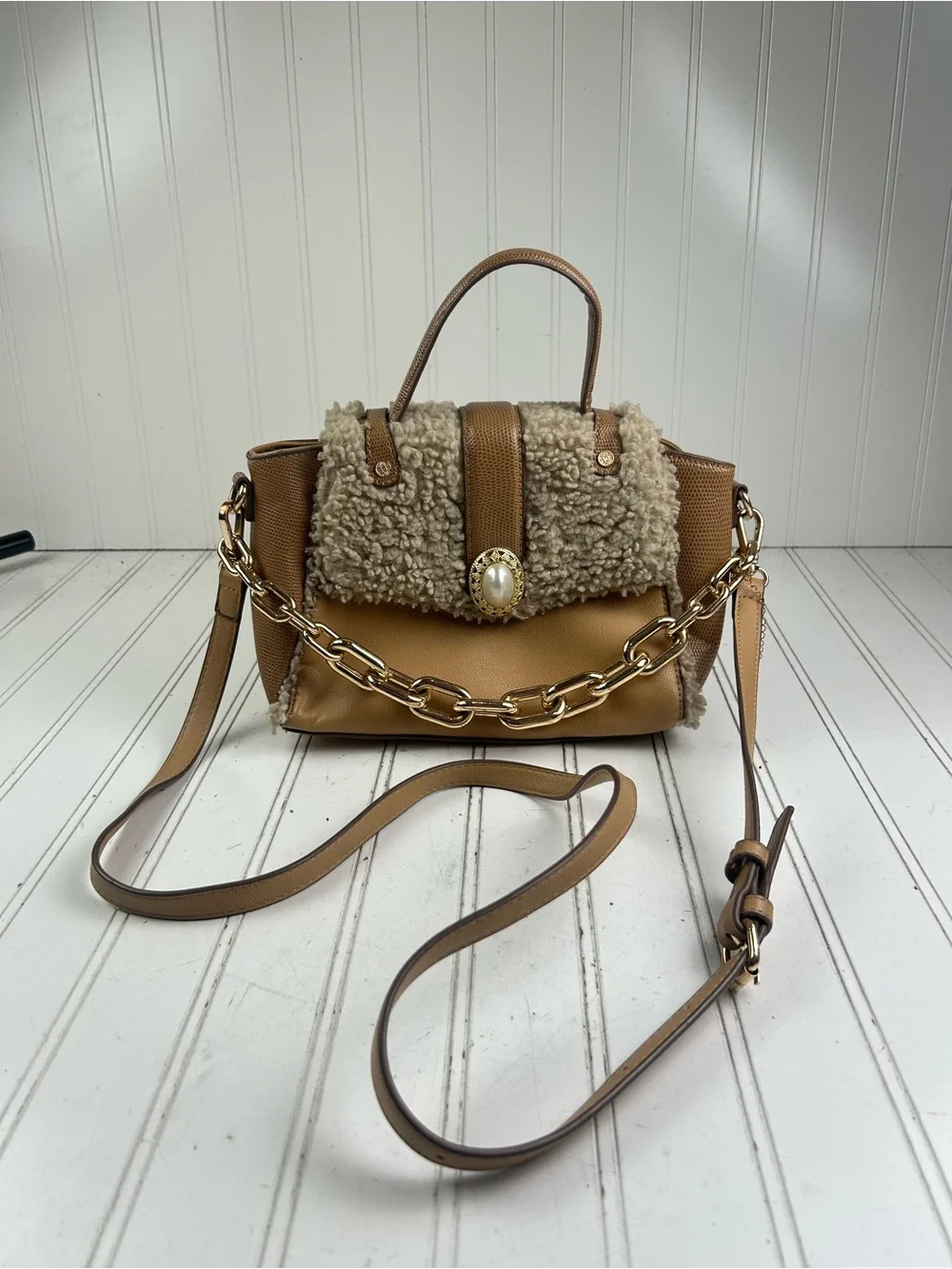Anne Klein Vintage Y2K Mixed Media Sherpa Crossbody Satchel Brown Pearl Accent - Picture 15 of 15